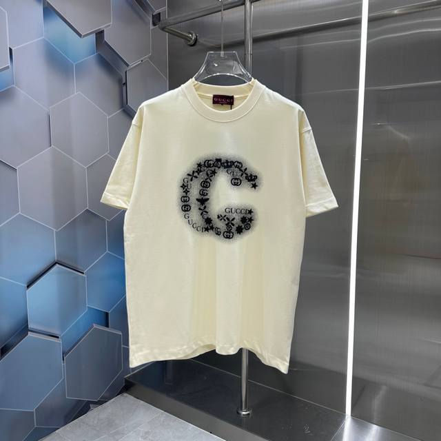 Gucci 2024秋冬新款320克短袖t恤 烫画烫钻 男女同款宽松版 S M L Xl Xxl 五个码 黑色 杏色 栗红