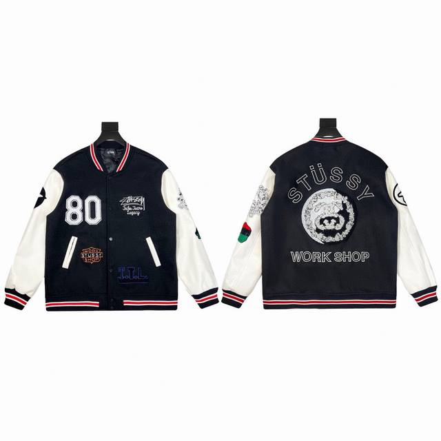 A55 加厚 Stussy X Our L Egacy X Denim Tears三方联名款ttl Varsity Jacket拼接刺绣校队棒球服夹克外套 -设