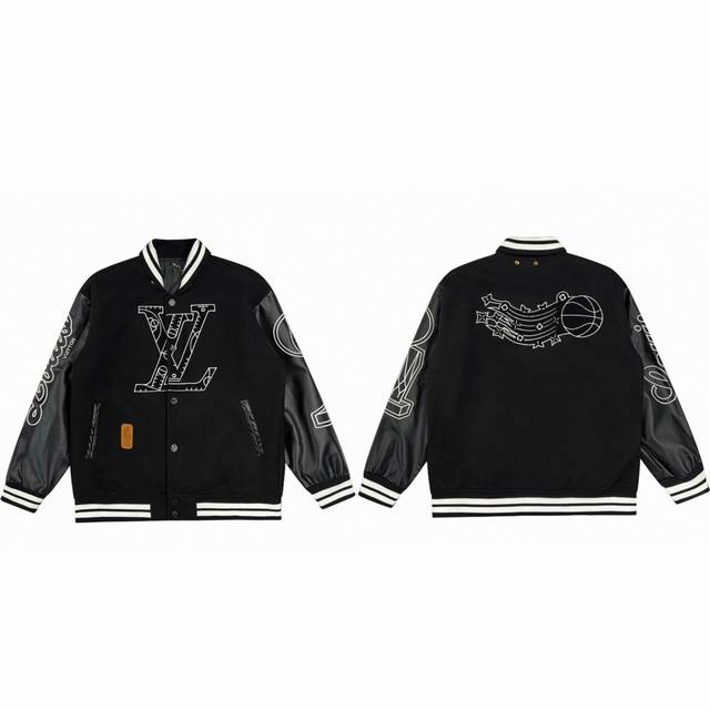 A26 Louis Vuitton 路易威登联名nba皮革拼接篮球logo标识棒球服夹克外套 60%羊毛+40%有机棉定制羊毛呢厚度适中，袖臂为人造仿小羊皮pu