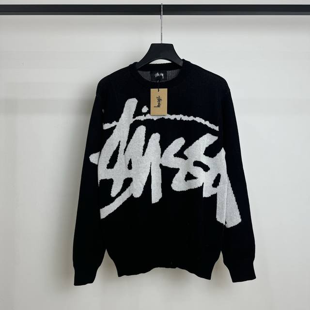 921# Stussy斯图西 Ss23秋冬正反面满身大logo字母图案提花针织圆领毛衣 面料：原版百分百100%羊毛，原版定制纱线，上身百搭，代购级别，高克重不