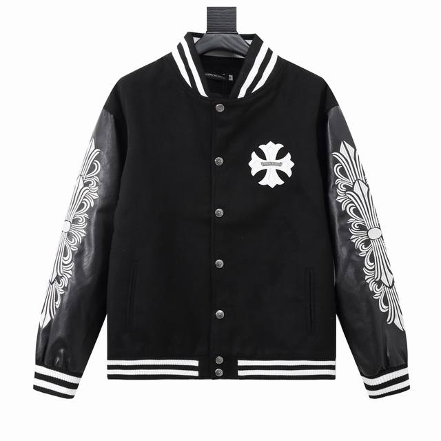 款号y609 Chromehearts 克罗心 十字架刺绣字母皮袖拼接棒球服外套 渠道精品 潮男潮女zui爱的棒球服夹克，市场各级版本都有 细节你们一定要对比