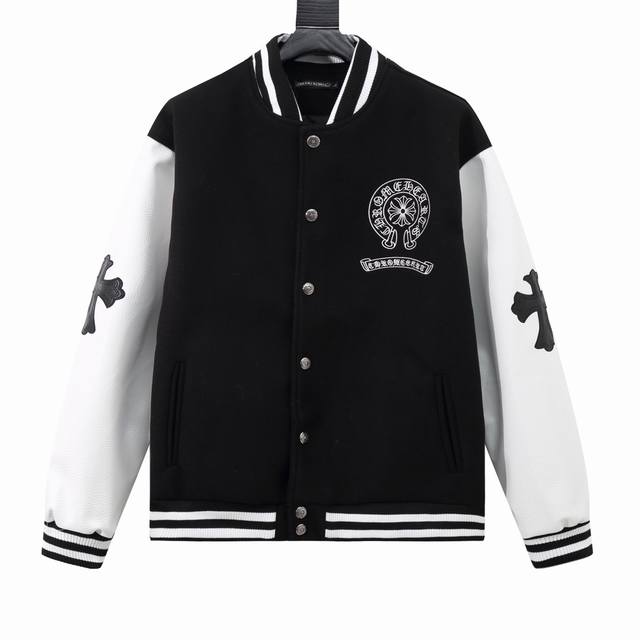 款号y605 Chromehearts 克罗心 十字架刺绣字母皮袖拼接棒球服外套 渠道精品 潮男潮女zui爱的棒球服夹克，市场各级版本都有 细节你们一定要对比