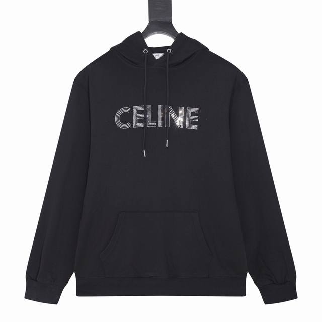 款号y808 Celine 23Ss 烫钻字母 连帽卫衣 专柜同步上新 订制水洗标 可参照正品 430克大毛圈面料 全套辅料齐全 纹理清晰可见，定制面料，色调明