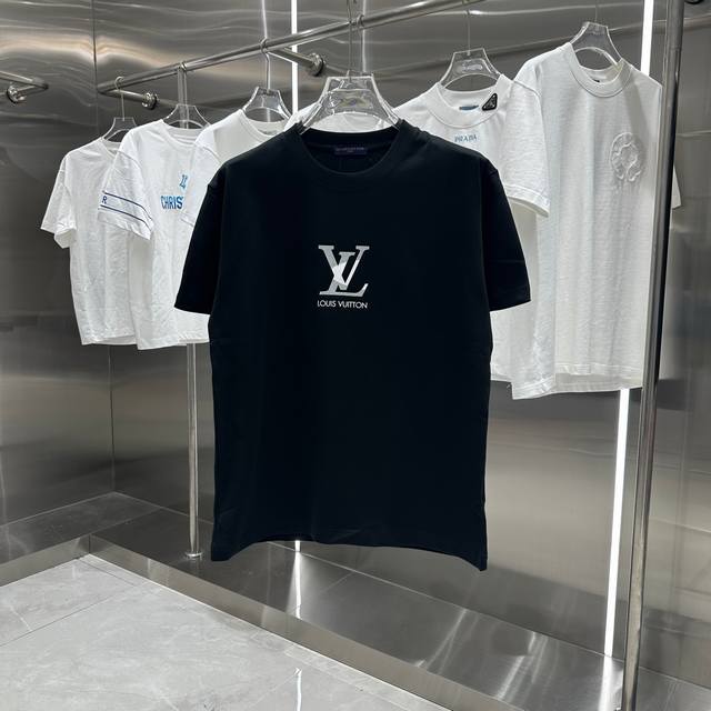 隔天 Lv 2024秋冬新款320克短袖t恤 厚板硅胶 男女同款宽松版 S M L Xl Xxl 五个码 黑色 白色 咖色 酒红色