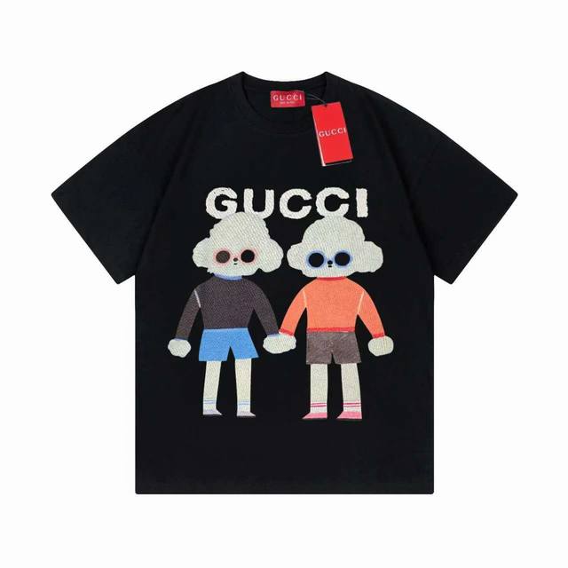 Gucci 古驰 G家 2025早春新款 定制270G双纱纯棉面料 已洗水处理 不变形 不掉色 数码喷印卡通图案logo 男女同款 短袖t恤 颜色：黑色 尺码：