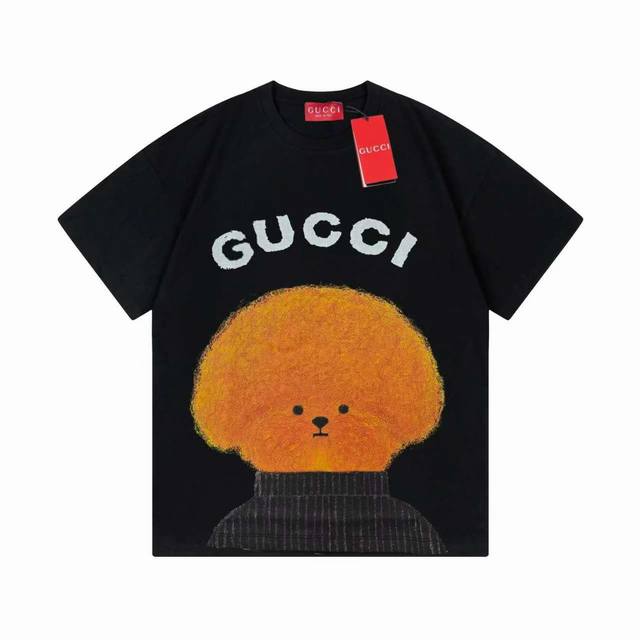 Gucci 古驰 G家 2025早春新款 定制270G双纱纯棉面料 已洗水处理 不变形 不掉色 数码喷印泰迪logo 男女同款 短袖t恤 颜色：黑色 尺码：Xs