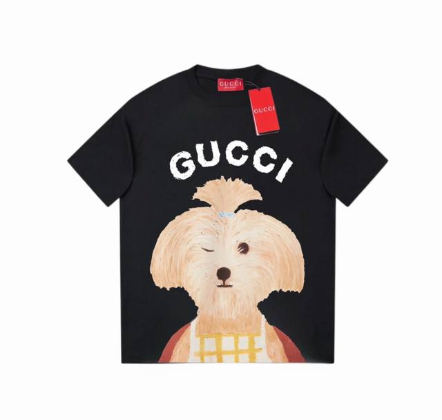 Gucci 古驰 2025早春新款 定制270G双纱纯棉面料 已洗水处理 不变形 不掉色 数码喷印小辫泰迪狗logo 男女同款 短袖t恤 颜色：黑色 尺码：Xs