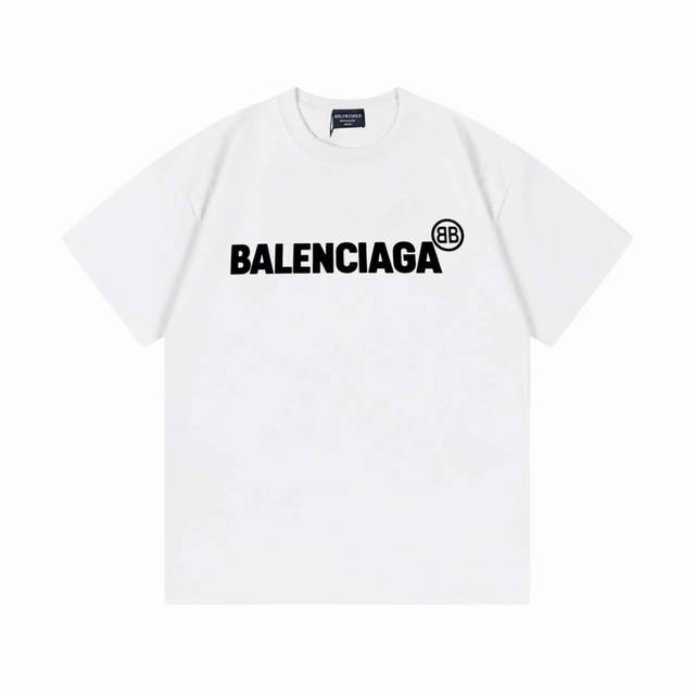 Balenciaga 巴黎世家 2025早春新款 定制270G双纱纯棉面料 已洗水处理 不变形 不掉色 植绒字母logo 男女同款 短袖t恤 颜色：白色 尺码：