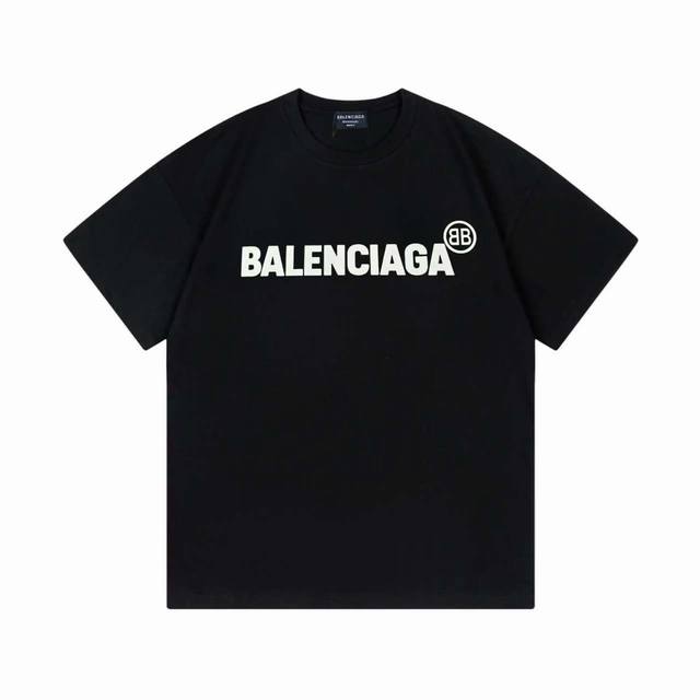 Balenciaga 巴黎世家 2025早春新款 定制270G双纱纯棉面料 已洗水处理 不变形 不掉色 植绒字母logo 男女同款 短袖t恤 颜色：黑色 尺码：