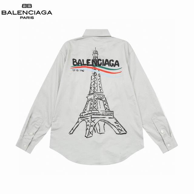 D Balenciaga 巴黎 爆款来袭 巴黎铁塔可乐波浪logo印花长袖宽松版型衬衫 2024Ss官网新款长袖 衬衫 衬衣，精美印花工艺 高端版本，专柜定制面