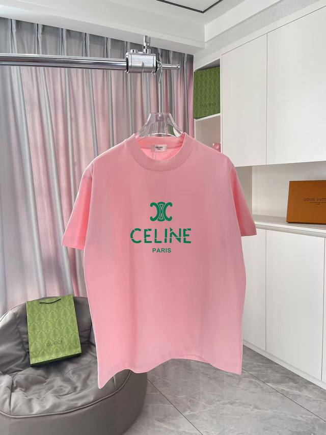 Celine 塞琳 2025春夏新款 个性字母logo印花 定制面料300G 短袖t恤 男女同款 尺码：S M L Xl Xxl 五个码 颜色：黑色 白色 粉红