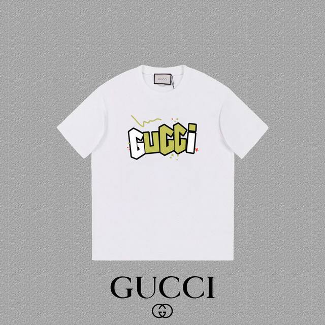 Gucci 古奇] 2024Fw短袖t恤 Logo印花 高端32S双纱260克面料 重磅面料 定制拉架罗纹同缸同染 三标齐全 男女同款 颜色：黑色 白色 尺码：