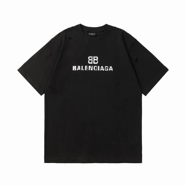 全年不下架 面料350克 巴黎世家balenciaga新款 火山灰色马赛克双b字母 正版康丽印花破洞款短袖t恤 全新天花板级别 -区分市面通货胸前马赛克字母采用