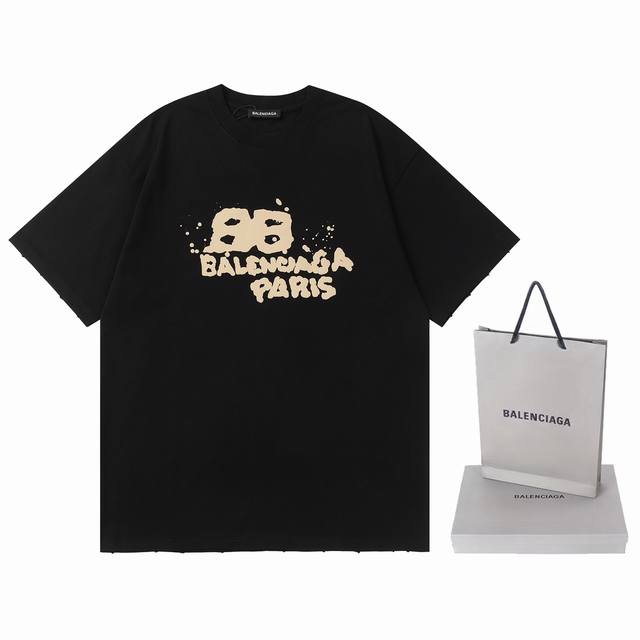 全年不下架 面料350克 Balenciaga巴黎世家23Ss新款涂鸦印花圆领短袖t恤 面料采用350G精棉双纱纯绵 原版面料 身磨破仿旧工工艺，上身效果宽松休