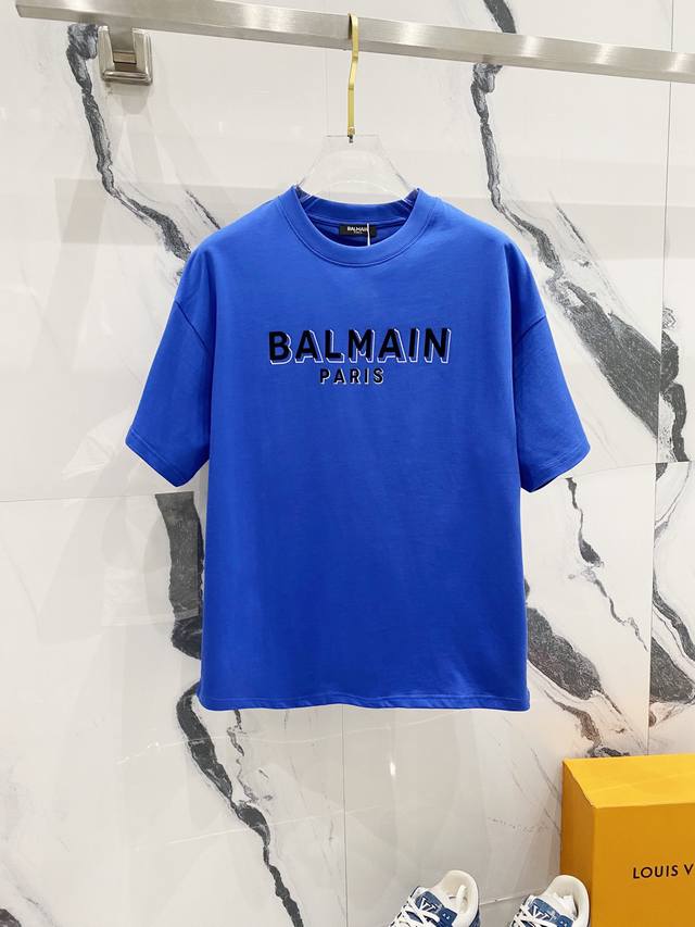 D Balmain 巴尔曼 260克圆领短袖t恤 品牌字母植绒重影印花logo标识 官方同步 高版本 高品质 时尚个性 百搭潮流 纯原品质 原版面料 吊牌 领标