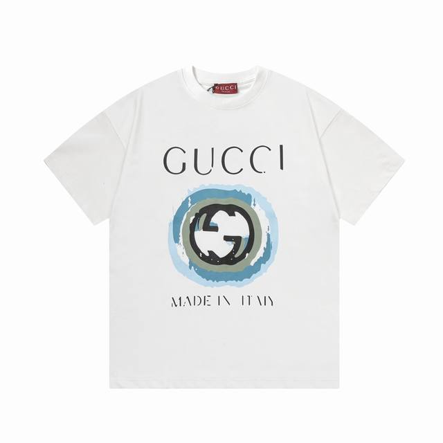 高版本 Gucci 古驰 2025早春新款 定制310G双纱纯棉面料 水墨双g字母logo 男女同款 短袖t恤 颜色：白色 尺码：S-Xl