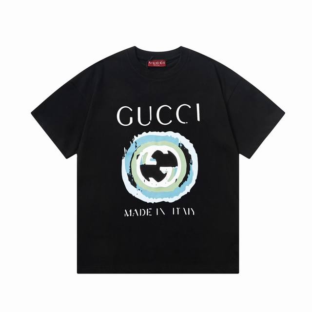 高版本 Gucci 古驰 2025早春新款 定制310G双纱纯棉面料 水墨双g字母logo 男女同款 短袖t恤 颜色：黑色 尺码：S-Xl