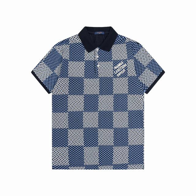 Lv 路易 24Ss新款 棋盘格 满印polo 230克重全棉珠地 颜色：宝兰 码数：S M L Xl Xxl