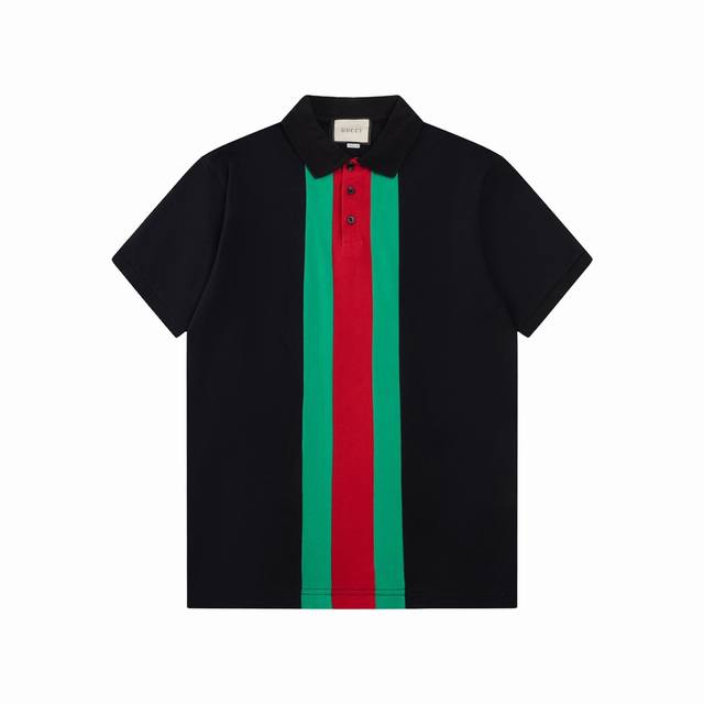 Gucci 古驰 24Ss新款 经典彩条 竖拼接 Polo 230克重双纱全棉珠地 颜色：黑 白 码数：S M L Xl Xxl