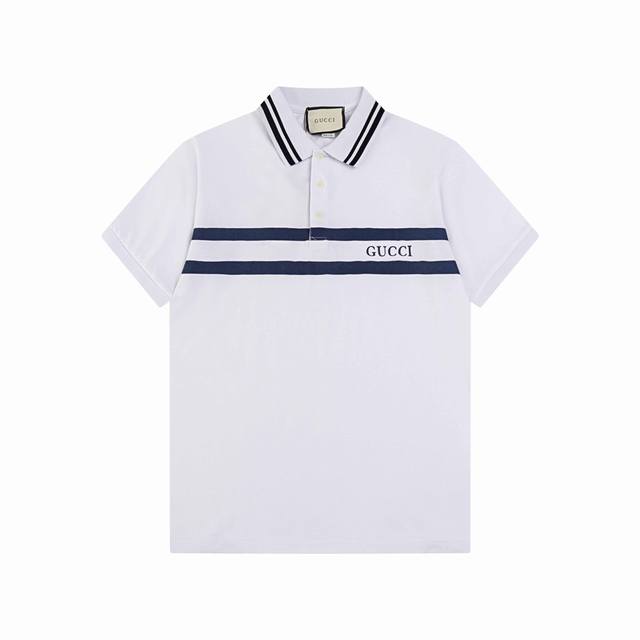 Gucci 古驰 24Ss新款 横间logo 条纹领 Polo 230克重全棉珠地 颜色：宝兰 白 码数：S M L Xl Xxl