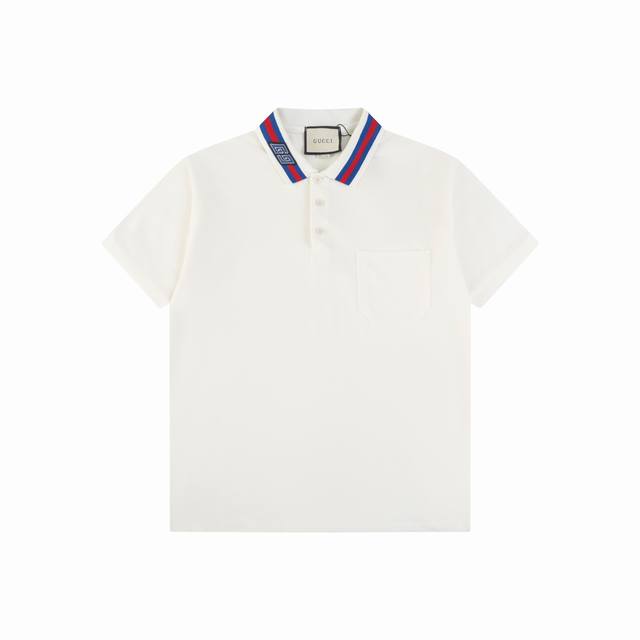 Gucci 古驰 24Ss新款 彩虹领双gg贴饰 口袋polo 230克重全棉珠地 颜色：白 宝兰 码数：S M L Xl Xxl