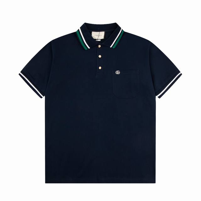 Guc*I 23Ss新款 口袋双gg 金属扣polo 230克重全棉珠地 颜色：宝兰 码数：S M L Xl Xxl