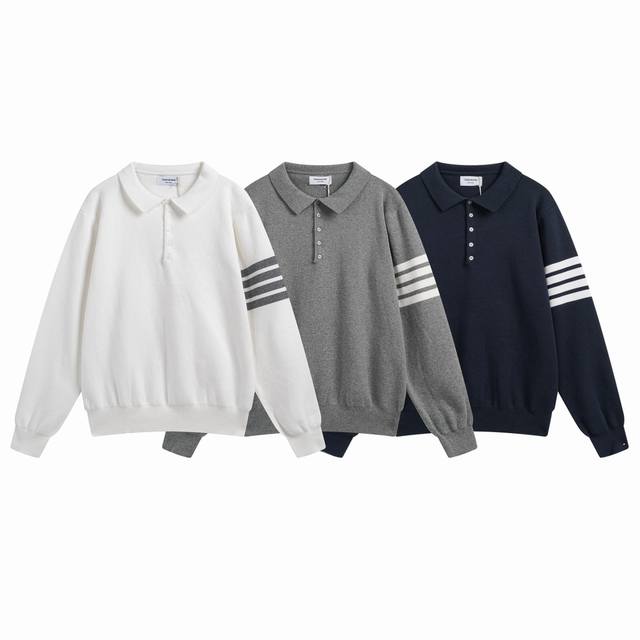 特价 Thom Browne Tb秋冬新款polo翻领毛衣， 羊毛棉材质， 成衣软糯细滑、保暖舒适、 采用tb经典元素点缀 门襟贝母扣、色织条纹四条杠 男女同款