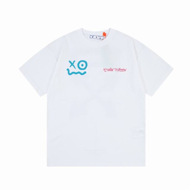 Off-White 蓝色笑脸涂鸦手绘字母大logo印花 原版面料 官方同款 短袖t恤 定制 同缸染面料 手感非常舒服 春夏最新砖柜同步 时尚又个性 超级百搭好看