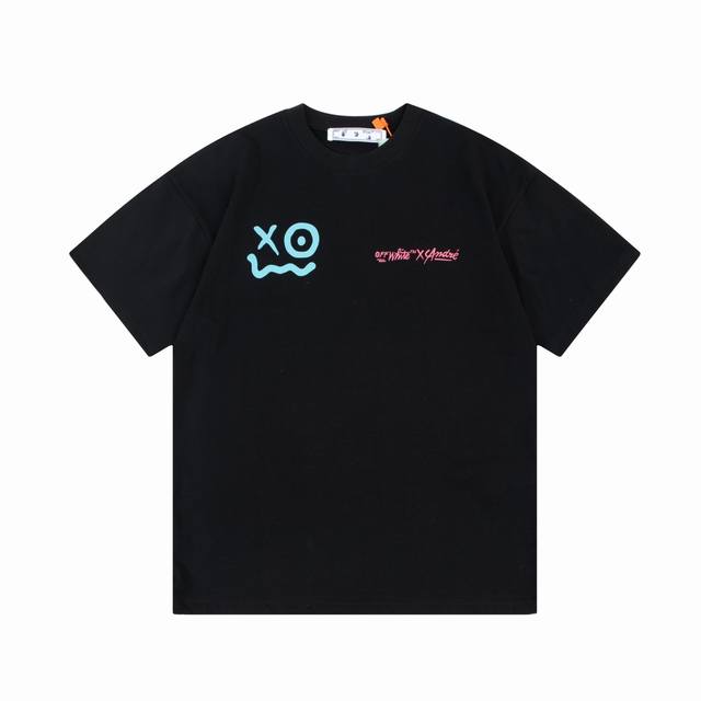 Off-White 蓝色笑脸涂鸦手绘字母大logo印花 原版面料 官方同款 短袖t恤 定制 同缸染面料 手感非常舒服 春夏最新砖柜同步 时尚又个性 超级百搭好看