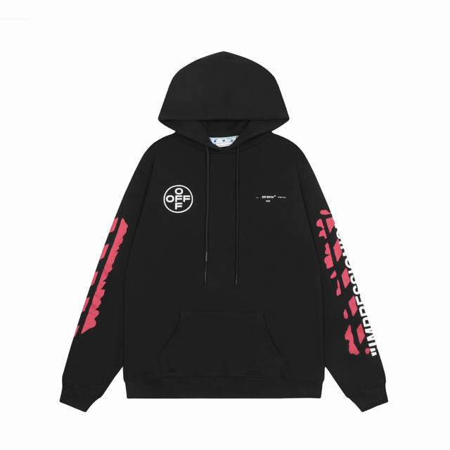 高版本Off-White C O Virgil Abloh 口红色刷漆箭头印花连帽卫衣，男女同款，经久不息的爆款。采用420G高克重纯棉毛圈面料，德国进口机器高