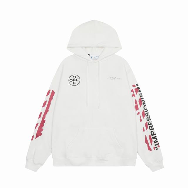 高版本Off-White C O Virgil Abloh 口红色刷漆箭头印花连帽卫衣，男女同款，经久不息的爆款。采用420G高克重纯棉毛圈面料，德国进口机器高