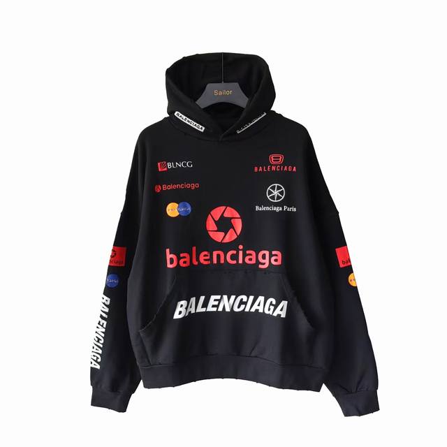 实拍细节图+尺码表 巴黎世家Balenciaga 满Logo赛车服连帽卫衣 23年新主麦上身 印花采用椭圆机网点+厚版浆工艺 螺纹刺绣区别市场国产机器 采用田岛