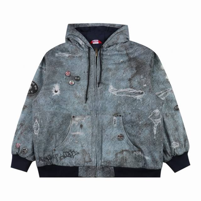 Supreme X Hjr Trompe L'oeil Hooded Work Jacket 艺术家联名错视涂鸦印花棉衣外套 牛仔蓝 Size： S M L X