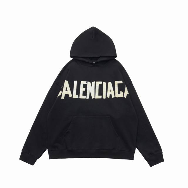 顶级复刻版本] 品名: Balenciaga巴黎世家 新款黄色胶带印花Logo连帽卫衣帽衫 颜色：黑色 尺码：Xs-L 面料: 重磅450克定制高密度大毛圈水洗