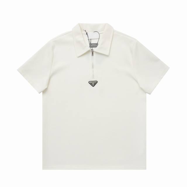 专柜1:1版本 顶级复刻] 品名: Prada 普拉达翻领拉链三角标华夫格Polo衫短袖 款号: 68089 颜色: 黑色 白色 尺码：S-L 面料：采用360