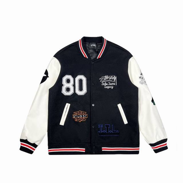 Stussy X Our L Egacy X Denim Tears三方联名款Ttl Varsity Jacket拼接刺绣校队棒球服夹克外套 -设计上整体延用了