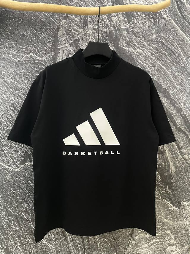 正确版本高领螺纹 Adidas阿迪Basketball 24Fw联名Os极简高级复古蛋糕领短袖T恤 男女同款！ 面料采用260克双纱爽滑棉，正品购入1:1开模打