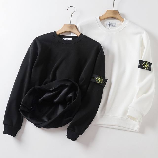 加绒高品质 #Stone Island 石头岛 Ss25经典徽章内搭加绒加厚银狐绒圆领卫衣情侣款 380克新疆长绒棉纯棉面料32支棉纱精仿内里复合银狐绒上身效果