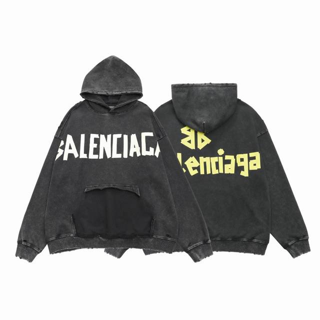 顶级复刻版本 Balenciaga巴黎世家 新款黄色胶带印花Logo做旧破坏连帽卫衣帽衫 面料: 重磅450克定制高密度大毛圈水洗棉，随意对比 一比一定制新款巴