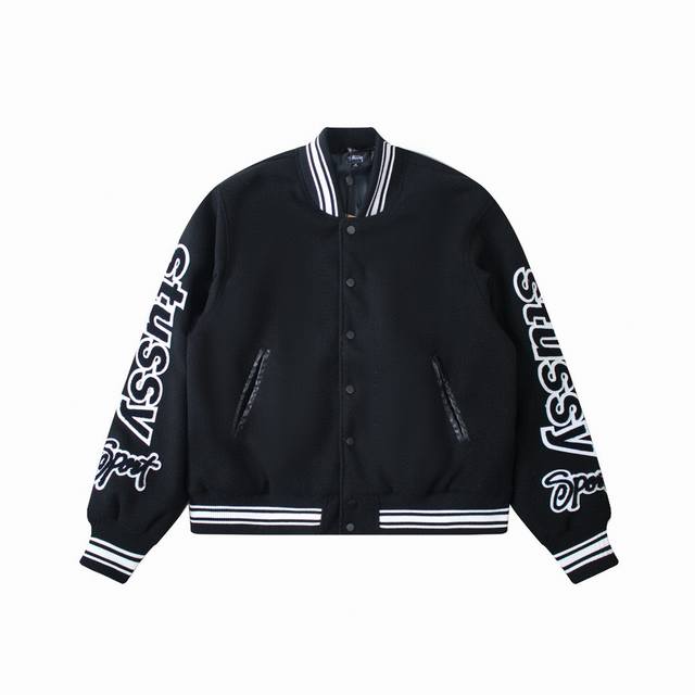 供 现货 高品质 Stussy Varsity Jacket 斯图西双袖植绒麒麟臂刺绣春季夹克棒球服 男女同款 高热单品双袖经典的字母贴花设计 简约却有着很好的