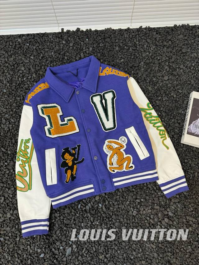 Louis Vuitton 路易威登 23Sslv秀款跳跳蛙棒球服情侣款 - -注意细节区别低版本 高品质 采用 Lwg 认证的粒面牛皮革裁出衣袖 拼接绵羊毛衣