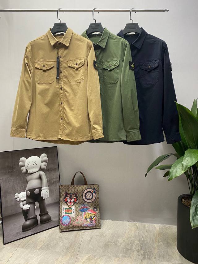 Stone Island石头岛纯色重工复古工装口袋纯棉衬衫外套 石头岛衬衫外套 高品质版本 颜色 黑色 绿色 卡其色 尺码： M L Xl 2Xl 3Xl St