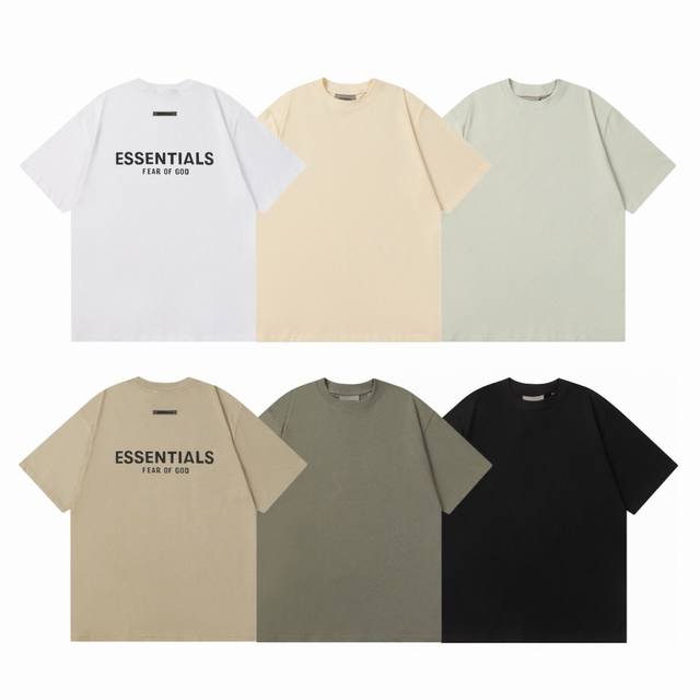 Fear Of God Fog Essential复线经典后背字母胶印立体Logo印花圆领短袖T恤 Color：白色 杏色 浅绿色 卡其色 灰褐色 黑色 Siz