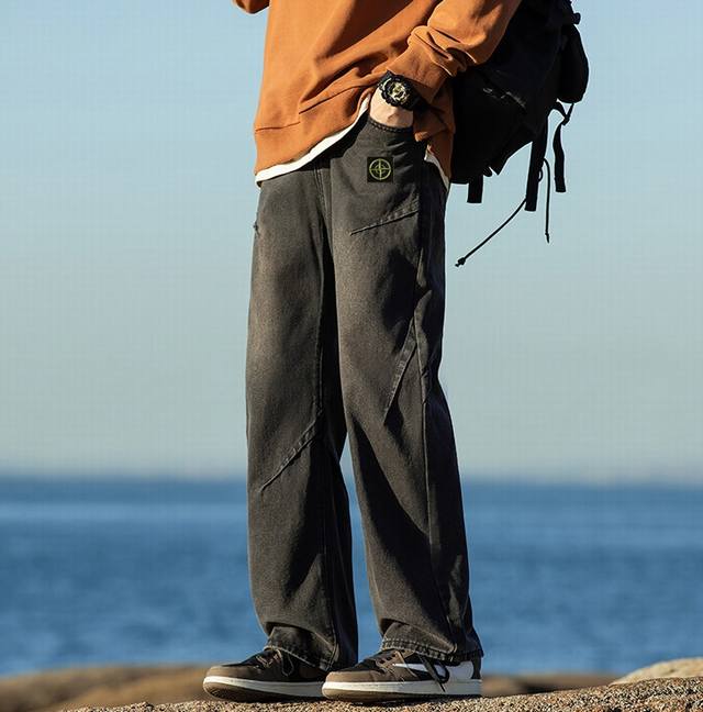 Stone Island 石头岛牛仔裤， 男女同款 系皮带款 海外限量款纯色工装牛仔裤，24Aw石头岛最新款，简约大方日常通勤首选，辨识度更高，宽松廓型 ，男女