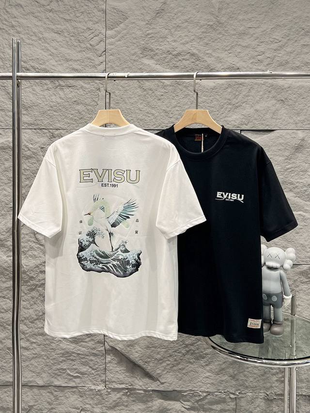 Dt 福神 带Nfc芯片识别高版本 Evisu 福神2025夏季新款仙鹤印花休闲宽松情侣款 短袖T恤Dt852 细节:版本一比一复刻，吊牌 领标 水洗 包装袋。